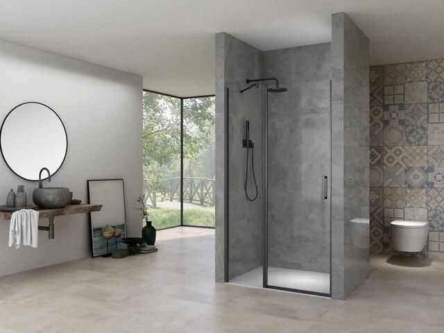 Van Rijn Products ST02 Nisdeur 80x200cm helder glas dikte 6mm met vast deel incl. glasbehandeling zwart mat ST02LP30080ZW