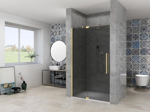 Van Rijn Products ST08 Nis draaideur 120x200cm grijs rookglas dikte 8mm 2 delig muurprofiel stabilisatiestang Messing ST08300120GRSB