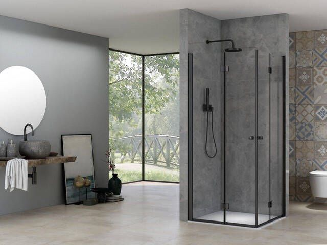 Van Rijn Products Van Rijn ST 02 Draai-Vouwcabine helder glas 90x90cm zwart beslag geborsteld messing ST0295090HEZW