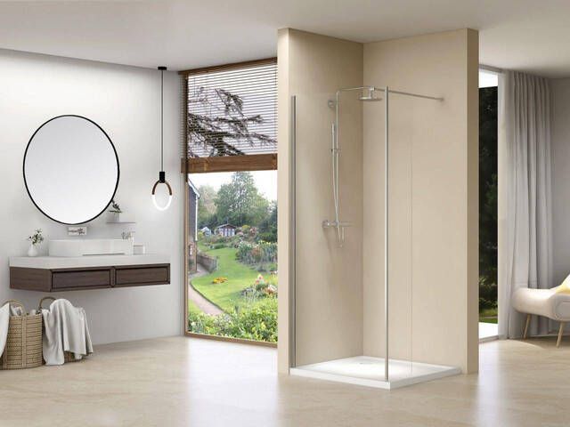 Van Rijn Products Vaste wand met haaks deel links en rechts 8mm helder glas incl. glasbehandeling incl. stabilisatiestang (970-990) + 290 x 2000 mm Chroom ST01600100CH