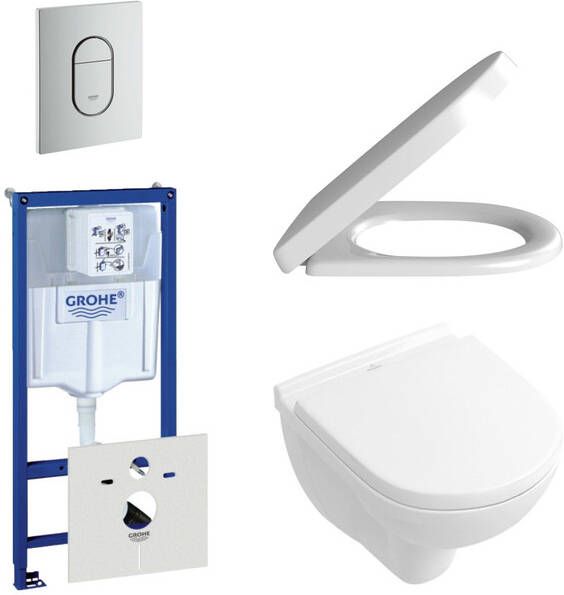Villeroy & Boch O.Novo toiletset compact met inbouwreservoir softclose en quickrelease zitting bedieningsplaat verticaal chroom mat 0729205 0729241 0124162 0124182