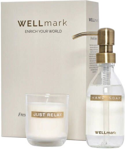 Wellmark Discover giftset handzeep en geurkaars fresh linnen helder glas 8720938454592
