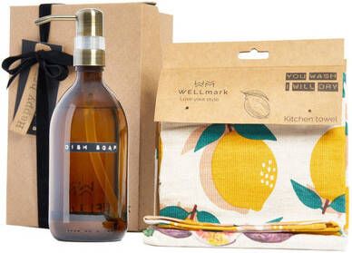 Wellmark Giftbox Afwasmiddel met 2 handdoeken Bruin Glas Messing pomp Giftbox Happy Home