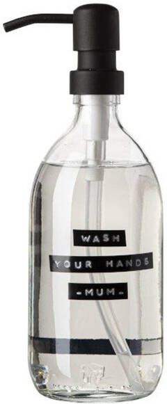 Wellmark Handzeep helder glas zwarte pomp 500ml tekst WASH YOUR HANDS..MUM Zwart label 8719325913217