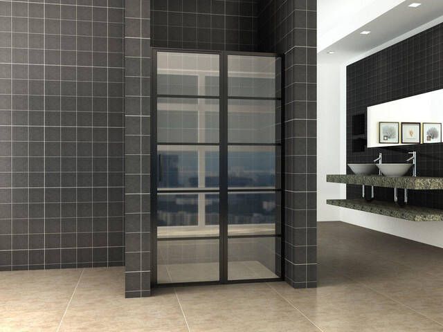 Wiesbaden Horizon nisdeur met vast deel en raster 1300 x 2000 x 8mm nano helder glas mat zwart 20.3575