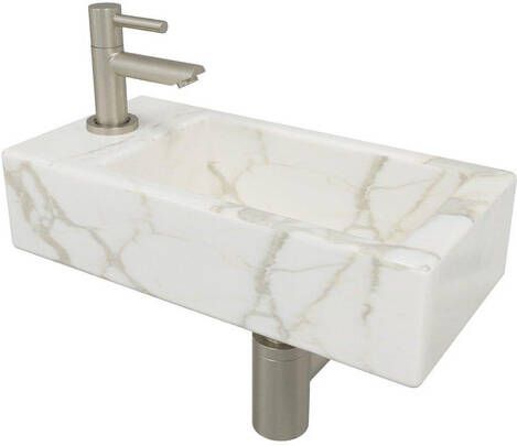 Wiesbaden Mini-Rhea links fonteinset 36x18x9cm Carrara marmerlook wit incl. Amador fonteinkraan geborsteld staal 32.5496 22.3708 32.3537 33.4421 33.4399