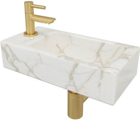 Wiesbaden Mini-Rhea links fonteinset 36x18x9cm Carrara marmerlook wit incl. Amador fonteinkraan geborsteld messing 32.5496 22.5701 32.3537 SW696218 SW411993