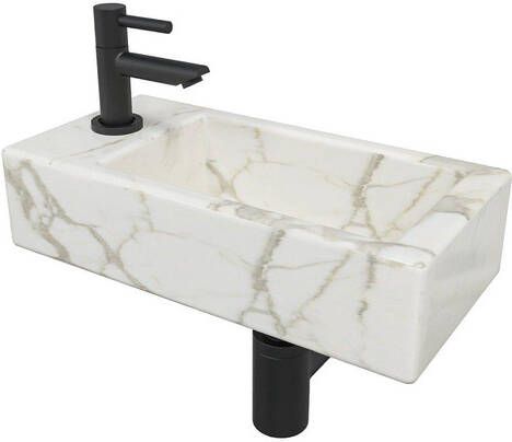 Wiesbaden Mini-Rhea Links fonteinset 36x18x9cm Carrara marmerlook wit incl. Amador fonteinkraan zwart mat 32.5496 22.2701 32.3537 sw696215 sw696205