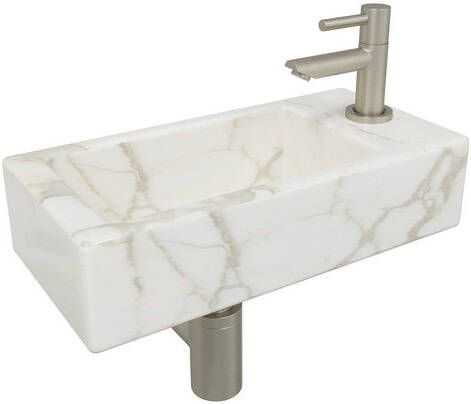 Wiesbaden Mini-Rhea rechts fonteinset 36x18x9cm Carrara marmerlook wit incl. Amador fonteinkraan geborsteld staal 32.5497 22.3708 32.3537 33.4421 33.4399