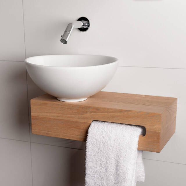 Wiesbaden Oak houten toiletset compleet met Hotbath inbouwkraan waskom mat wit links houten blad sifon en afvoerplug chroom sw1175 sw23941 sw296051 sw440854 sw450729