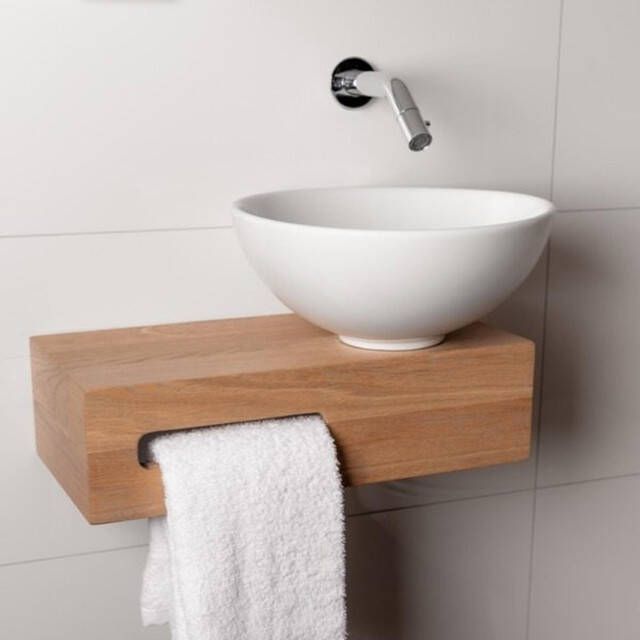 Wiesbaden Oak houten toiletset compleet met Hotbath inbouwkraan waskom rechts houten blad sifon en afvoerplug chroom sw1175 sw23941 sw296023 sw440853 sw450729