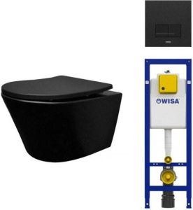 Wisa Wiesbaden Vesta toiletset spoelrandloos 52cm mat zwart inbouwreservoir softclose en quickrelease toiletzitting met bedieningsplaat mat zwart 0704408 0701539 sw228315