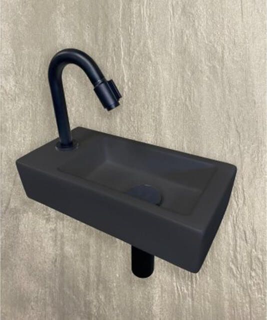 Wiesbaden Fonteinset Mini-Rhea Rechthoek Links 36x18x9cm Keramiek Quartz Zwart met Toiletkraan Victoria Sifon Plug Bevestigingsset Mat Zwart - Foto 2