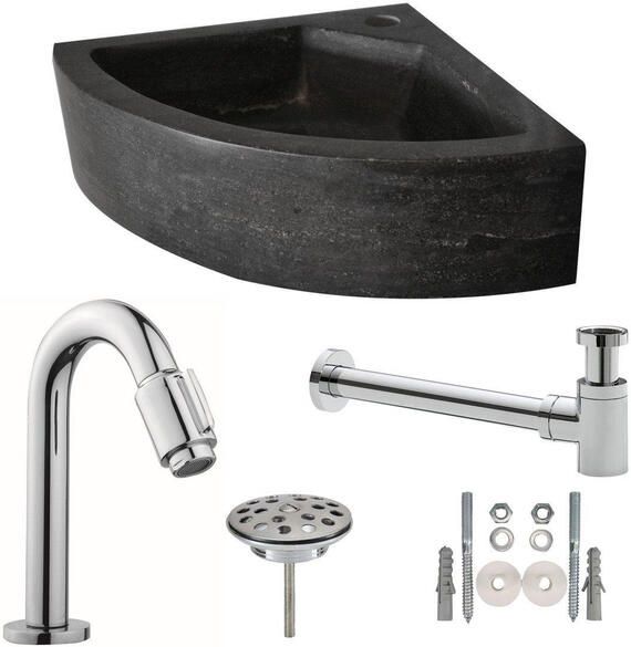 Wiesbaden Fonteinset Natura Kwartrond Hoek 30x30x10cm Hardsteen Antraciet Chroom Toiletkraan Sifon Plug Bevestigingsset