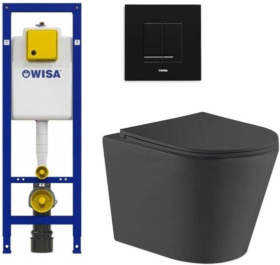 Wisa QeramiQ Dely Toiletset inbouwreservoir zwarte bedieningsplaat toilet zitting mat zwart 0704408 SW727152 sw543433