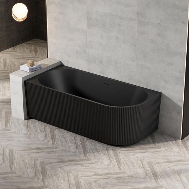 Zeza Nuo Half Vrijstaand Bad 170x80x58cm links ribbel met afvoer mat zwart 7103L_MB