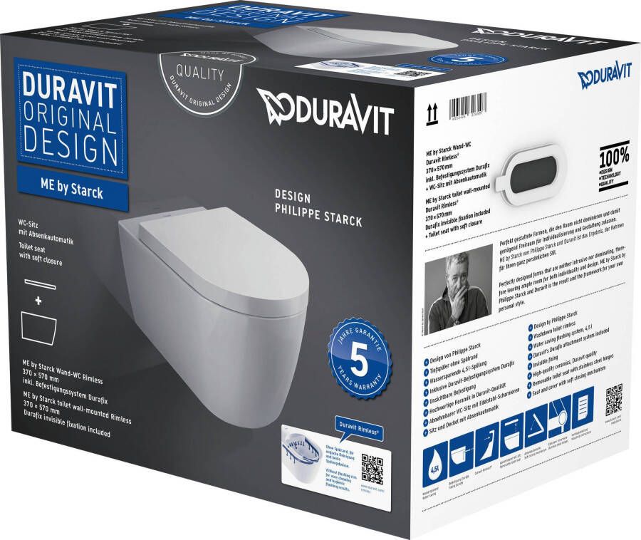 Duravit ME by Starck randloos hangtoilet inclusief toiletbril 37x57x35 5cm wit