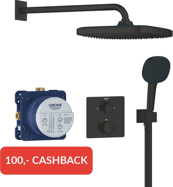 Grohe Precision showerset compleet m. handdouche ø11cm m. 2 straalsoorten en hoofddouche 25x25cmm. inbouw douchekraan therm. vierkant m. omstel mat zwart 348822430 - Foto 2