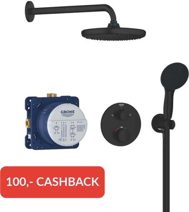 GROHE Precision showerset compleet m. handdouche 11cm m. 2 straalsoorten en hoofddouche 25cm m. inbouw douchekraan therm. rond m. omstel mat zwart 348832430 - Foto 2