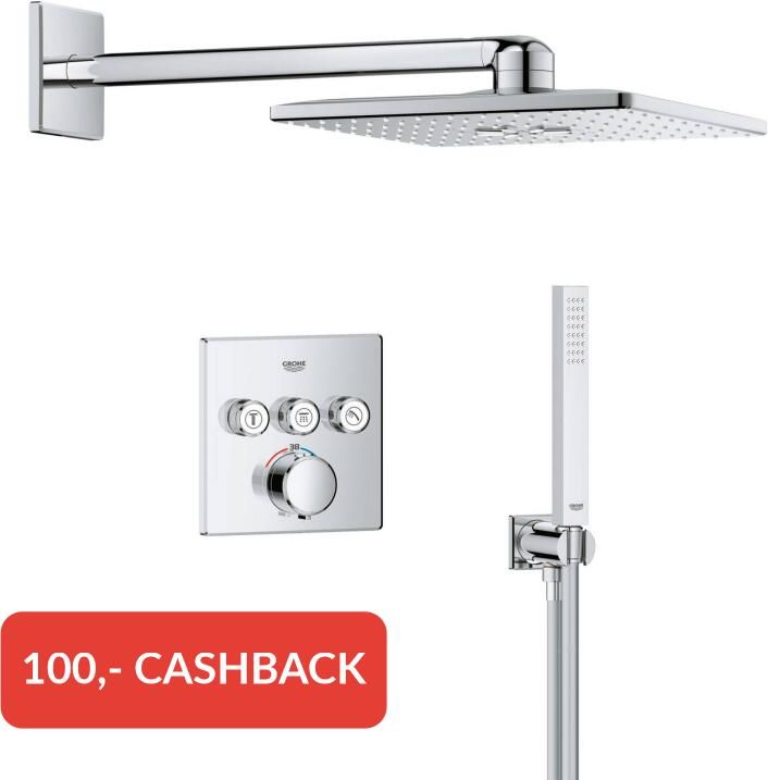 GROHE Precision Smart Control showerset compleet m. handdouche stick m. 1 straalsoort en hoofddouche 31x31cm m. inb. douchekraan therm. vierkant m. 3 functies chroom 34875000 - Foto 2