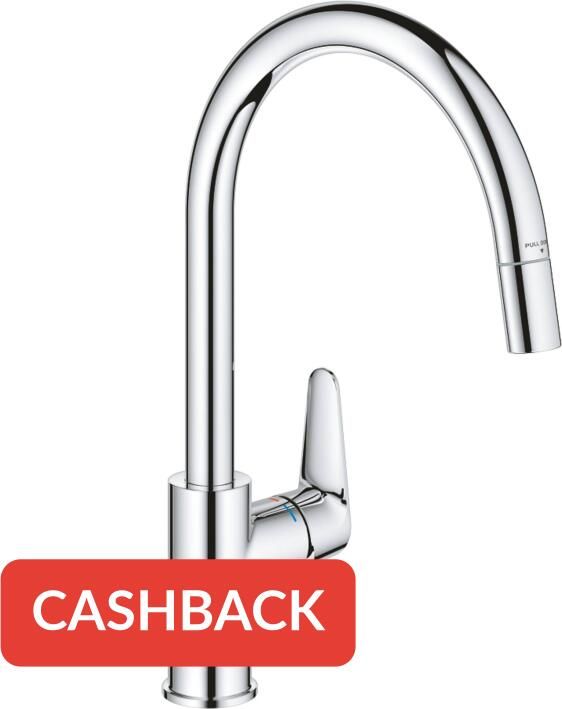 Grohe Start Curve Keukenkraan 1-gats hoge draaibare uittrekbare uitloop voorsprong 21.5cm gesloten greep chroom 30562000