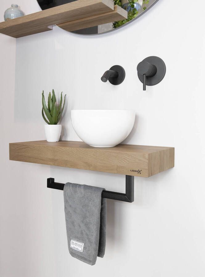 Looox Wood mini base shelf met waskom en handdoekhouder 40cm Old Grey Wit