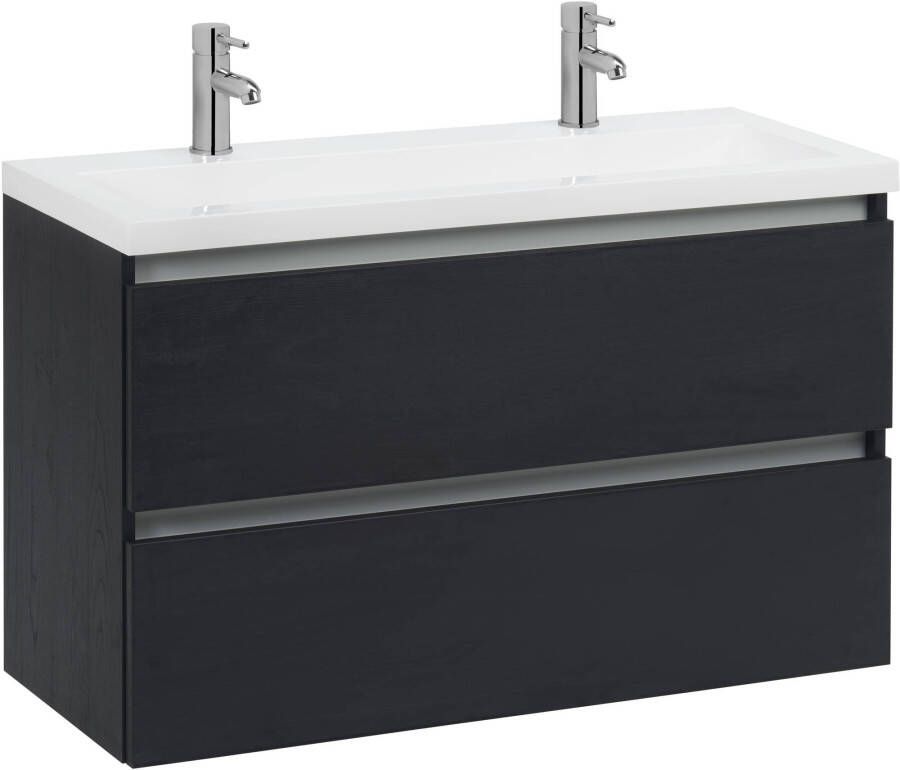 Saniselect Guarda Slimline badmeubelset 100x40cm met 2 kraangaten Eiken Zwart