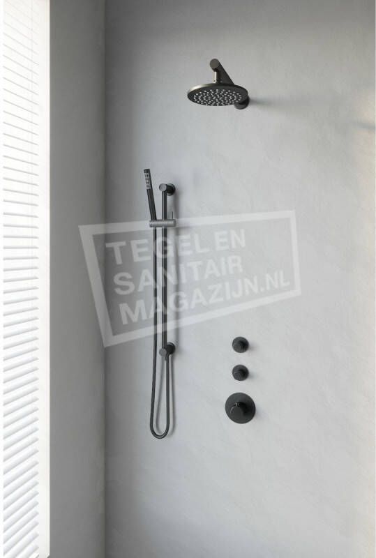 Brauer Black thermostatische inbouwdoucheset 20cm hoofddouche wandarm staafhanddouche op glijstang mat zwart