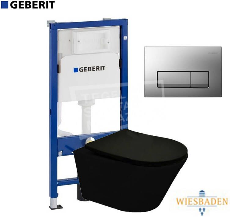 Geberit Wiesbaden Vesta Rimless mat zwart wandcloset met softclose toiletzitting en UP100 inbouwreservoir
