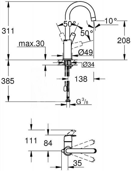 Grohe Eurosmart wastafelkraan met hoge uitloop L-Size 23743002