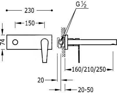 Tres Class inbouw wastafelkraan uitloop 250 mm met afdekplaat 20520001