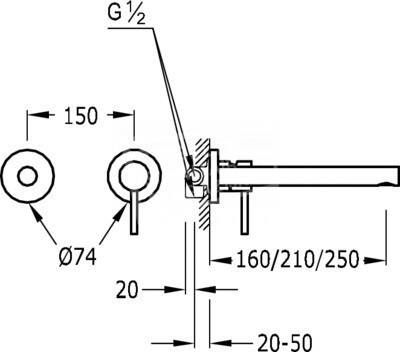 Tres Max inbouw wastafelkraan 250 mm chroom 06220003