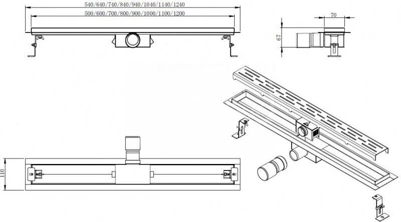 Wiesbaden Murcia RVS douchegoot 90 cm met flens en designrooster met sleuvenpatroon