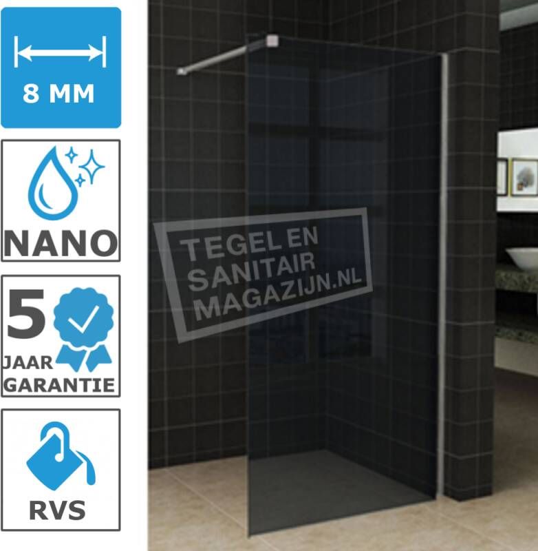 Wiesbaden Slim Douchewand Rookglas 1000x2000x8 mm NANO RVS profiel