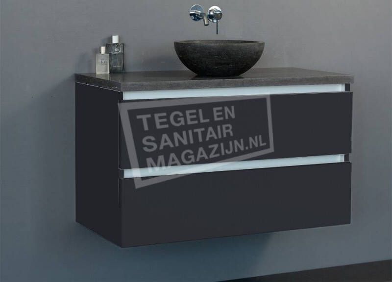 Sanilux badkamermeubel glans antraciet 80cm met waskom natuursteen