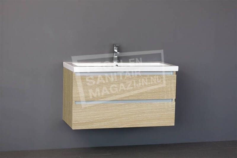 Sanilux badmeubel light wood 100 cm keramische wastafel 2 kraangaten