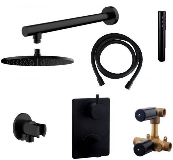 Wiesbaden Caral one-pack complete inbouwthermostaatset met wandbevestiging hoofddouche 20 cm mat zwart - Foto 4