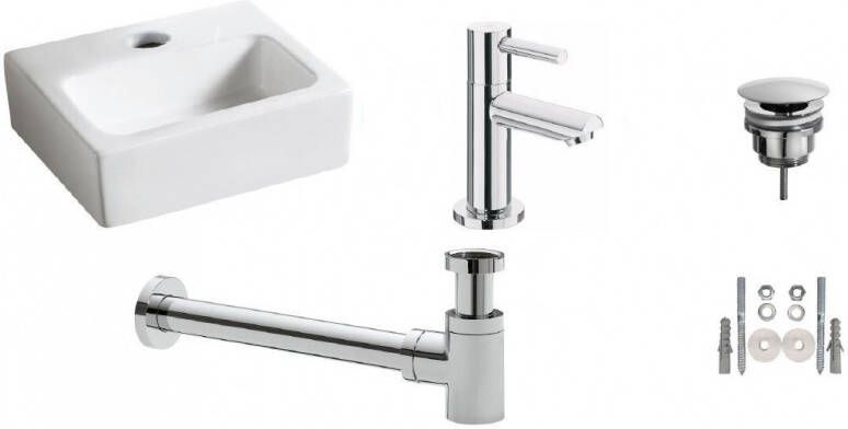 Wiesbaden Fonteinset Leto Rechthoek 32x29x11cm Keramiek Glans Wit Chroom Toiletkraan Amador Sifon Clickwaste Bevestigingsset - Foto 3