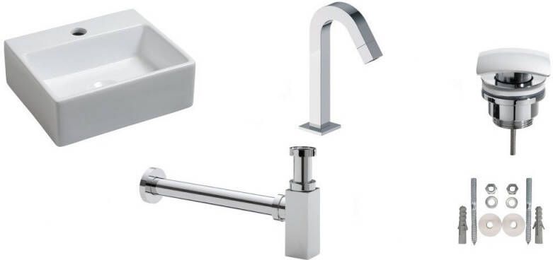 Wiesbaden Fonteinset Leto Rechthoek 32x29x11cm Keramiek Glans Wit Chroom Toiletkraan Kappa Sifon Clickwaste Bevestigingsset - Foto 2