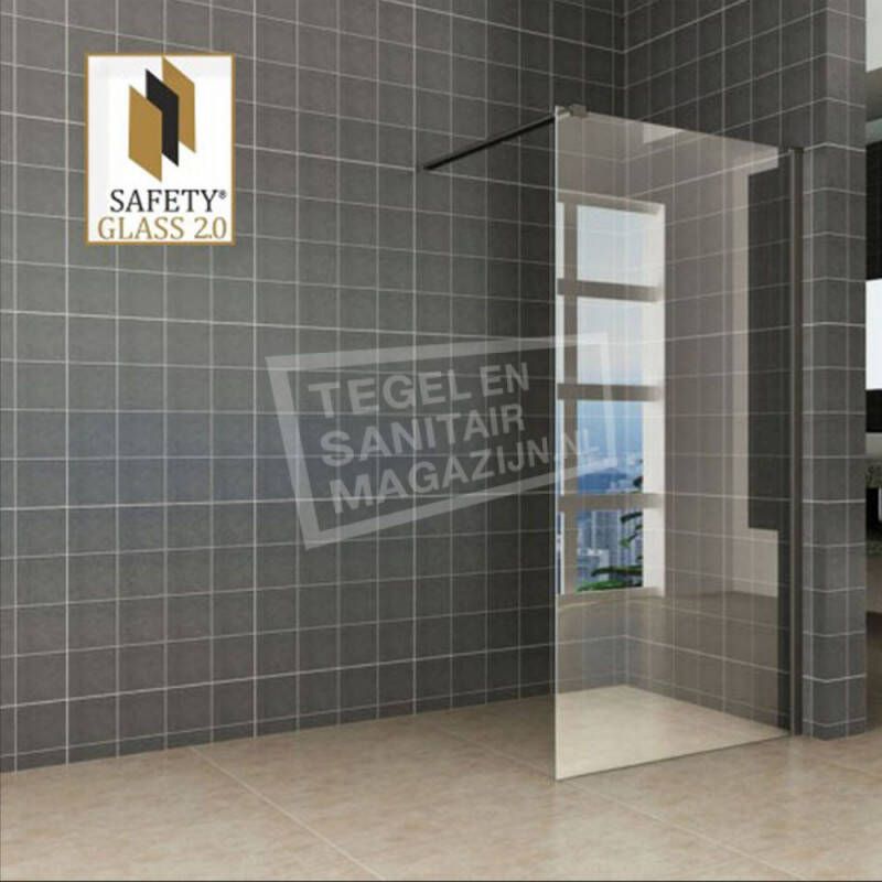 Wiesbaden Schwarz Safety Glass Douchewand met Zwart Muurprofiel 100x200 cm 10 mm NANO
