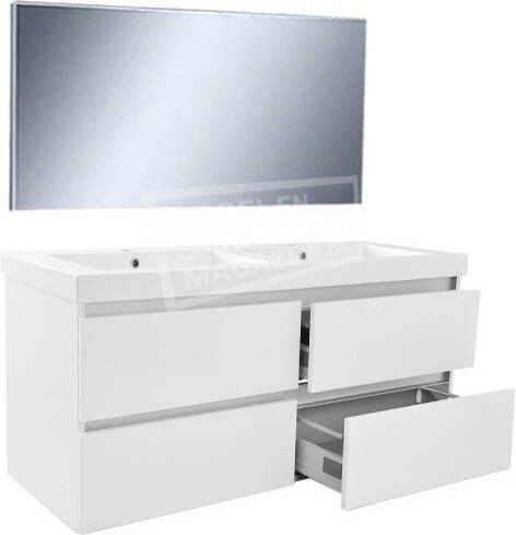 Wiesbaden Badkamermeubel Set Vision Hangend 120x50x47cm MDF Hoogglans Wit Softclose Greeploos Kunstmarmeren Wastafel 2 Kraangaten Overloop met Spiegel