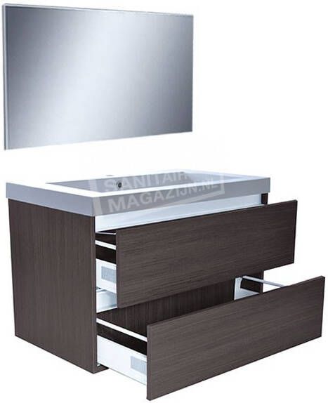 Wiesbaden Badkamermeubel Set Vision Hangend 80x50x47cm MDF Houtnerf Grijs Softclose Greeploos Kunstmarmeren Wastafel 1 Kraangat Overloop met Spiegel - Foto 2