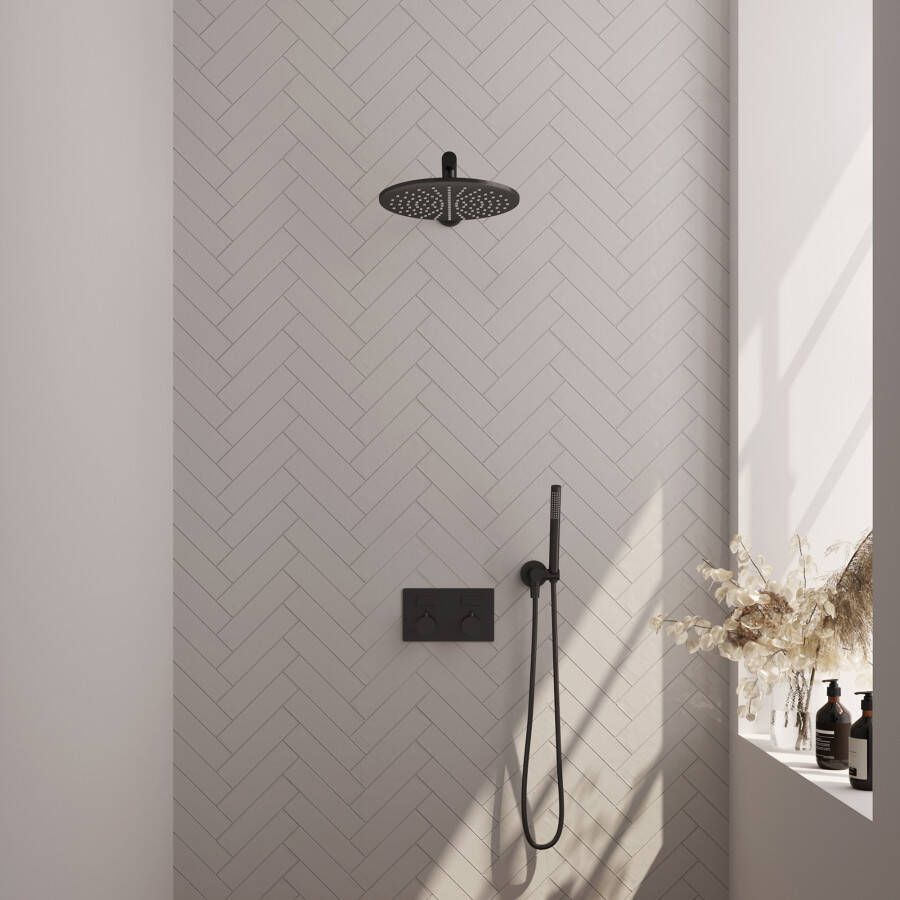 Brauer Black Carving thermostatische inbouw regendouche met drukknoppen SET 50 met 30 cm douchekop en rechte muurarm en staaf handdouche en doucheslang en wandaansluitbocht mat zwart