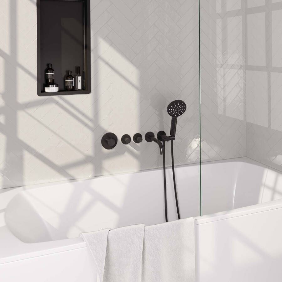Brauer Black Edition Badkraan Inbouw douchegarnituur 20cm uitloop met inbouwdeel 3 gladde knoppen handdouche rond 3 standen mat zwart 5-S-023
