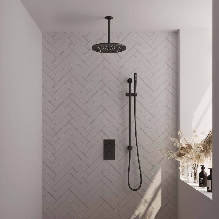 Brauer Black Edition thermostatische inbouw regendouche set met 3-weg omstelling 30 cm douchekop gebogen muurarm 3-standen handdouche en geïntegreerde glijstang mat zwart - Foto 1