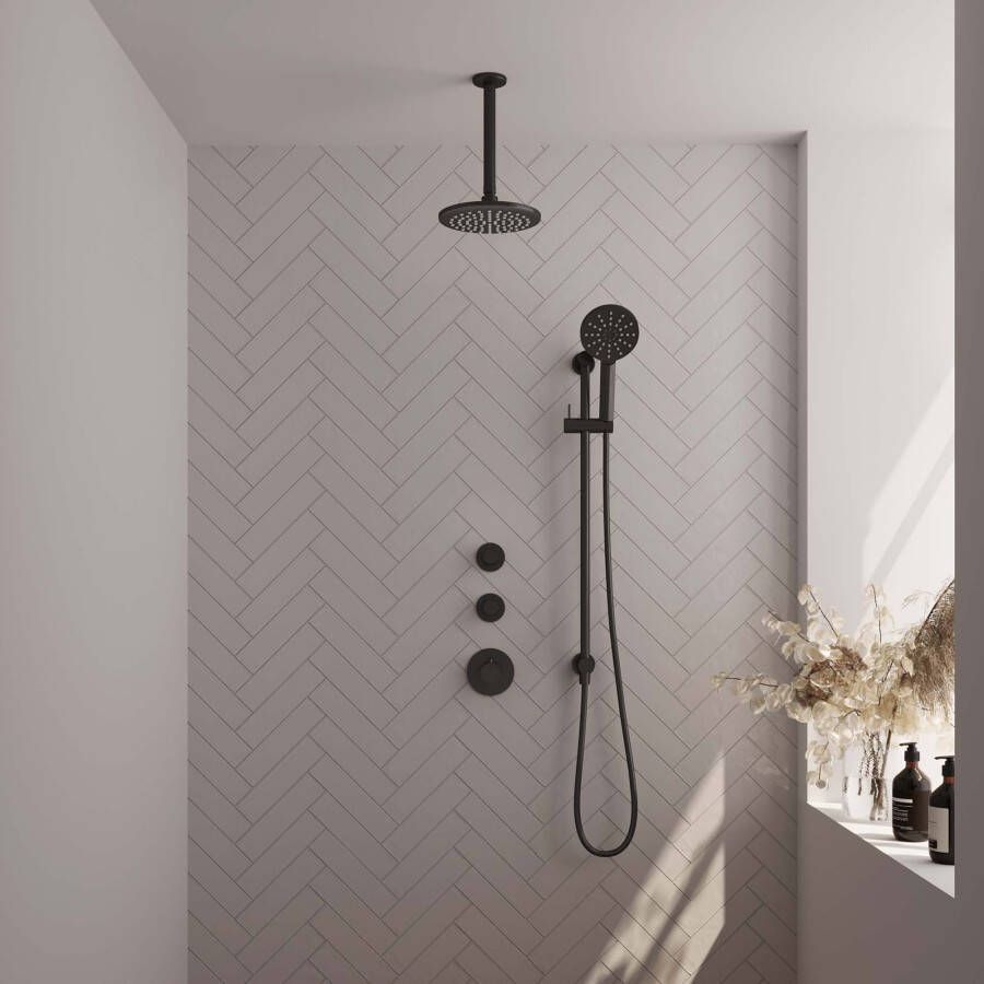 Brauer Black Edition thermostatische inbouw regendouche Set 23 met 20 cm douchekop en plafondarm