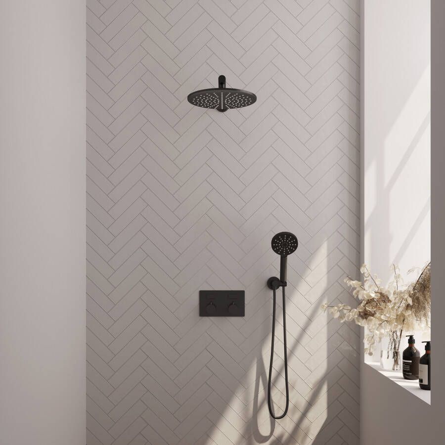 Brauer Black Edition thermostatische inbouw regendouche met drukknoppen SET 56 met 30 cm douchekop en rechte muurarm en 3-standen handdouche en doucheslang en wandaansluitbocht mat zwart