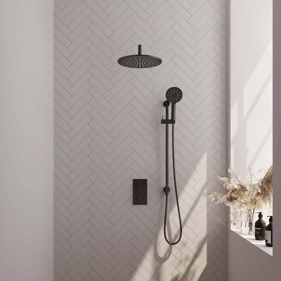 Brauer Black Edition thermostatische inbouw regendouche set met 3-weg omstelling 30 cm douchekop gebogen muurarm 3-standen handdouche en geïntegreerde glijstang mat zwart - Foto 3