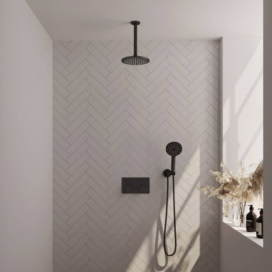 Brauer Black Edition thermostatische inbouw regendouche met drukknoppen SET 59 met 20 cm douchekop en plafondarm en 3-standen handdouche en doucheslang en wandaansluitbocht mat zwart