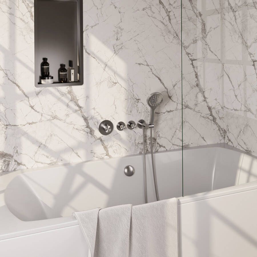 Brauer Brushed Edition thermostatische inbouw badkraan SET 01: badvulcombinatie staaf handdouche doucheslang wandaansluitbocht PVD RVS